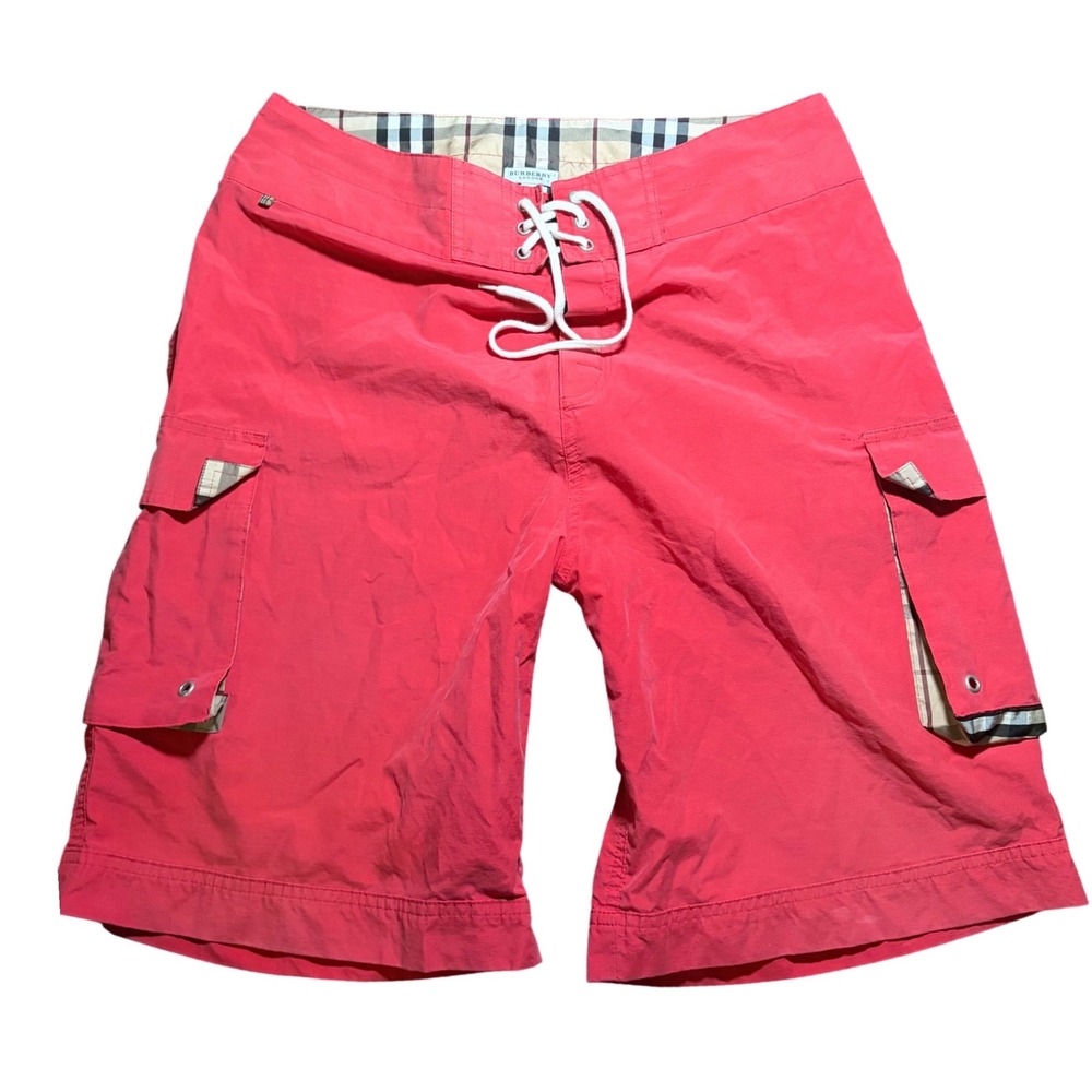 Burberry London Mens Red Nova Check Trim Cargo Board Shorts Swim Trunks Size S